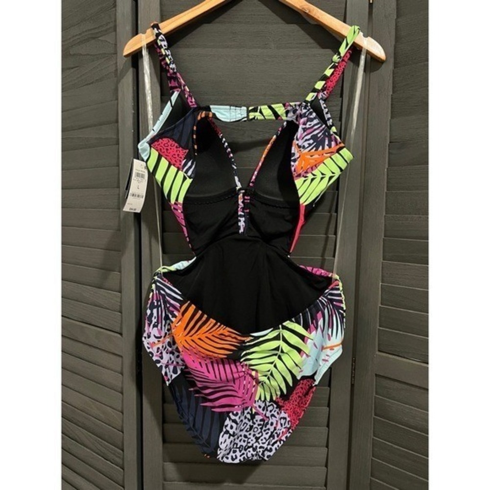 Bar III Women Palm Prowl Cross Front Monokini Swimsuit Large Multicolor Tropical - Picture 2 of 8